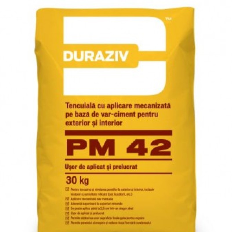 Duraziv PM 42 - Tencuială mecanizată pe bază de var-ciment - INT/EXT - 30 kg	 Duraziv PM 42 - Tencuială mecanizată pe bază de var-ciment - INT/EXT - 30 kg