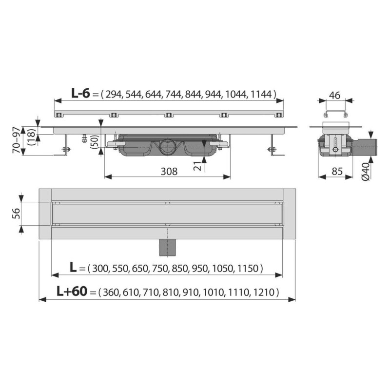 Canal de scurgere pentru dus fara margine cu suport pentru incastrarea placilor, Alcadrain APZ115-650, Marble Low
