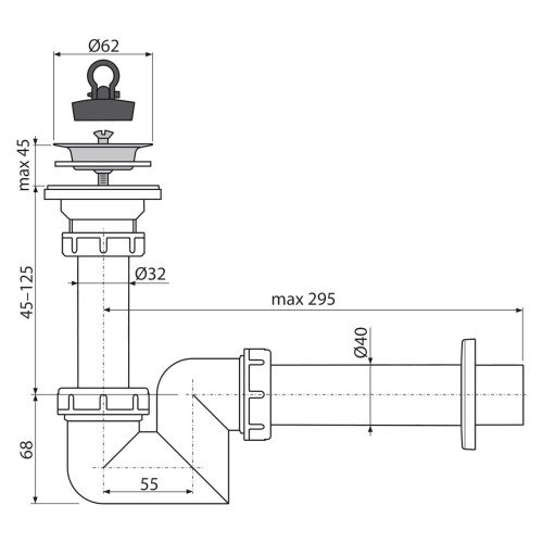 Sifon lavoar "S" DN40 cu sita din otel inoxidabil DN63, Alcadrain