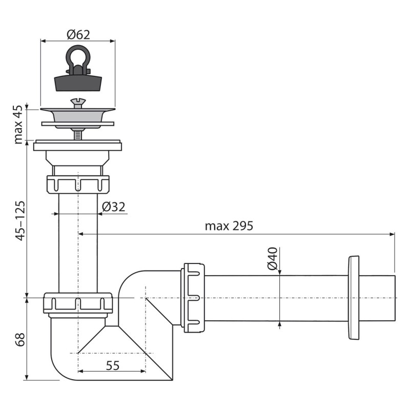 Sifon lavoar "S" DN40 cu sita din otel inoxidabil DN63, Alcadrain