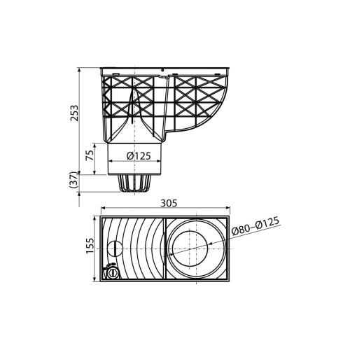Racord de burlan 300ø—155U mm cu clapeta si cos de colectare cu iesire verticala, Alcadrain AGV2, negru