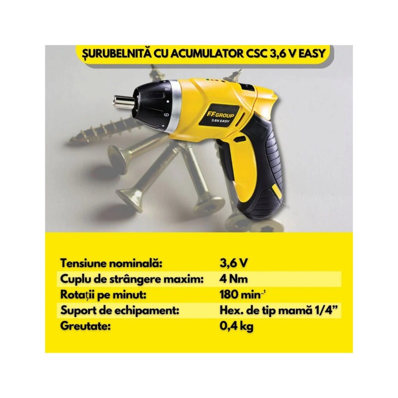 Masina de insurubat cu acumulator, FF Group CSC 3,6V Easy, 1x1.5 Ah, 180 rot/min