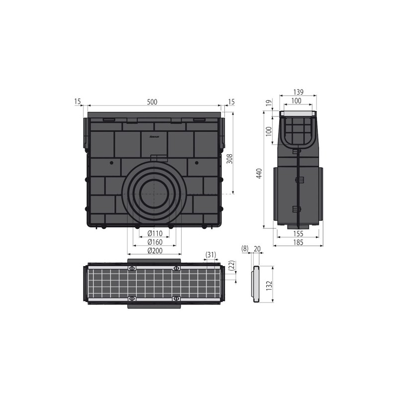 Rigola de colectare cu rama din plastic si gratar galvanizat, Alcadrain, clasa B125