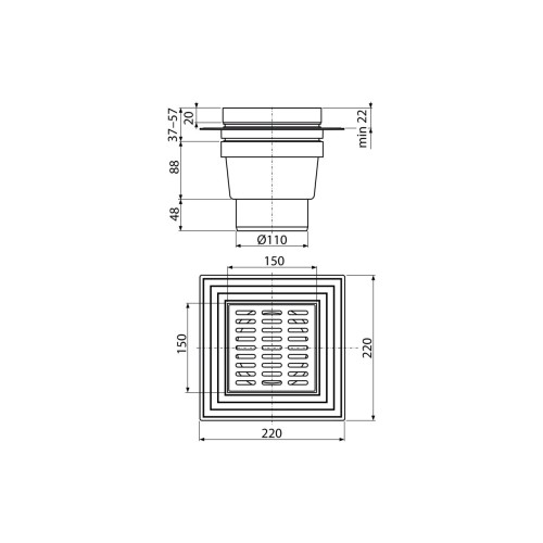 Sifon pardoseala cu iesire verticala si gratar din otel inoxidabil, Alcadrain APV13, 150ø—150H mm