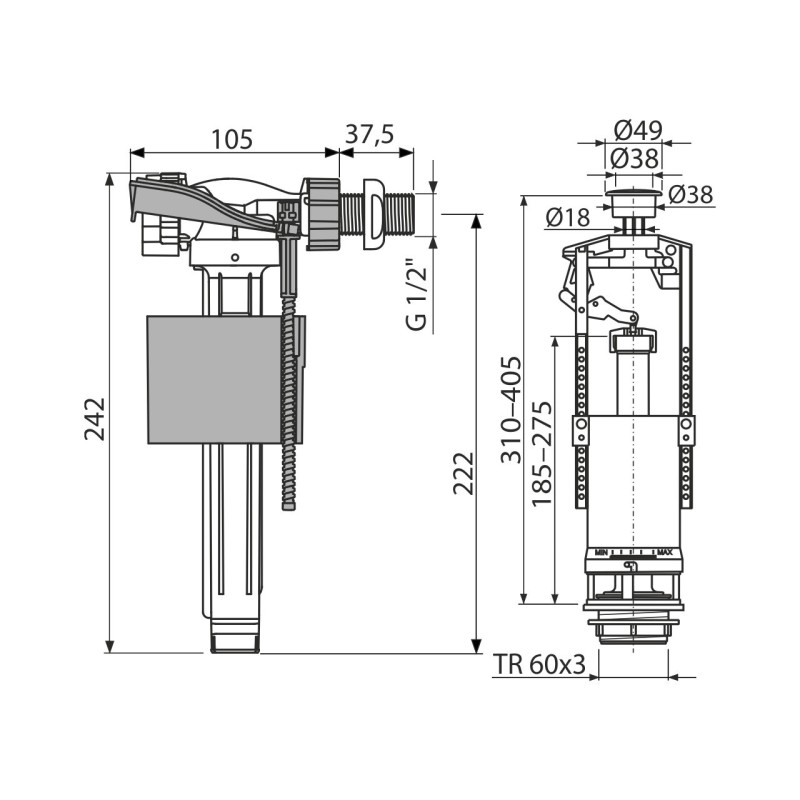 Set mecanism WC cu actionare simpla, Alcadrain, 1/2" chrom