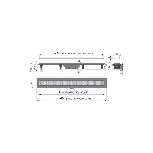 Rigola dus Alcadrain pentru gratar perforat simple APZ10 750mm