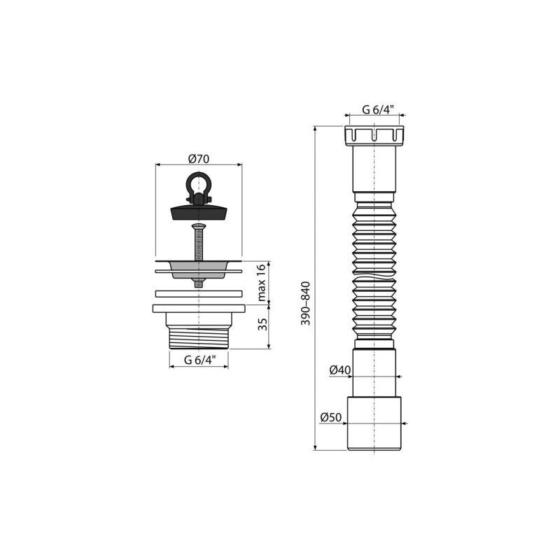 Teava flexibila 6/4" ø— 40/50, cu piulita plastic + Ventil chiuveta 6/4" Alcadrain